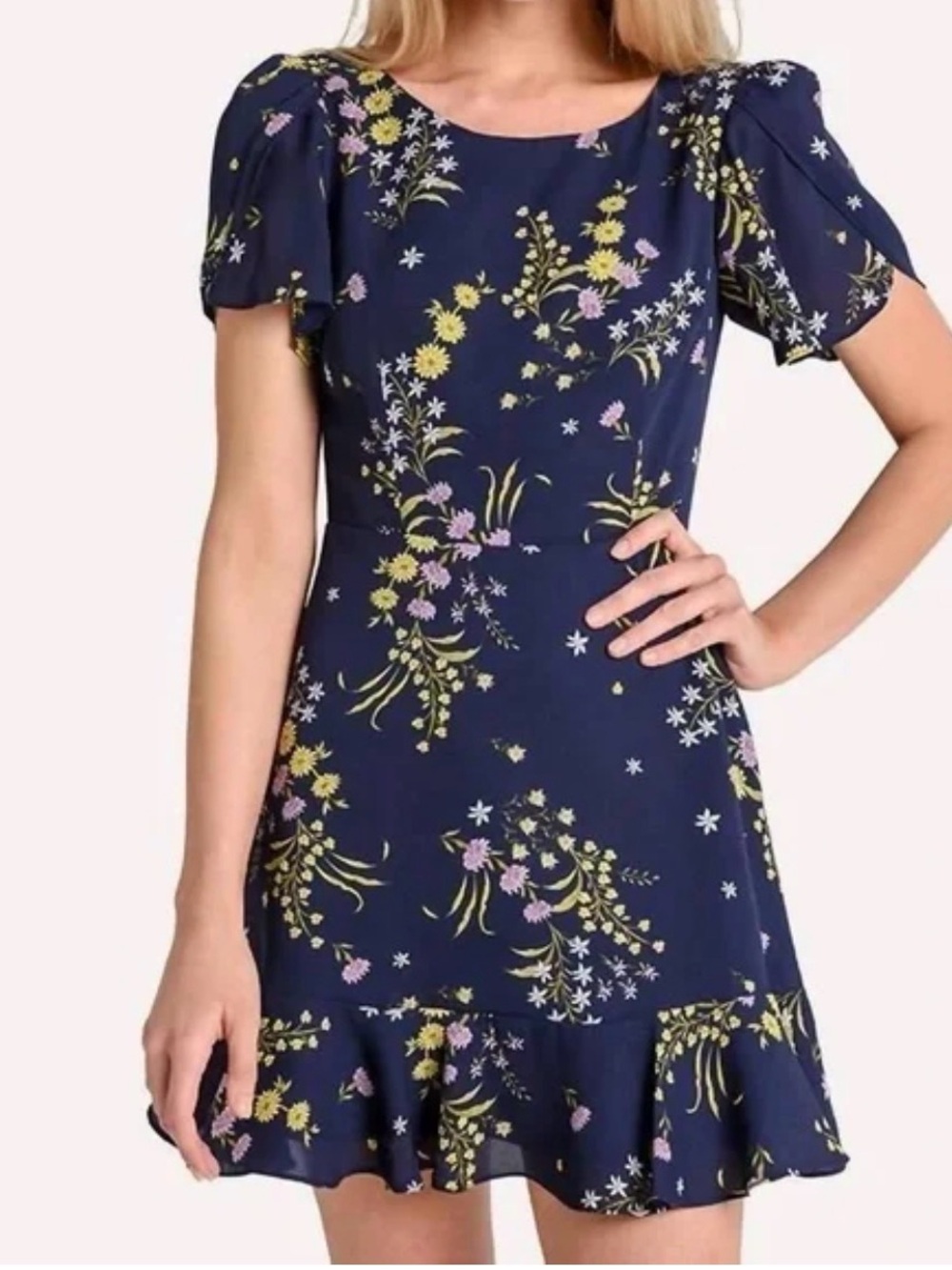 BB Dakota Navy Floral Ruffle-Skirt Mini Dress